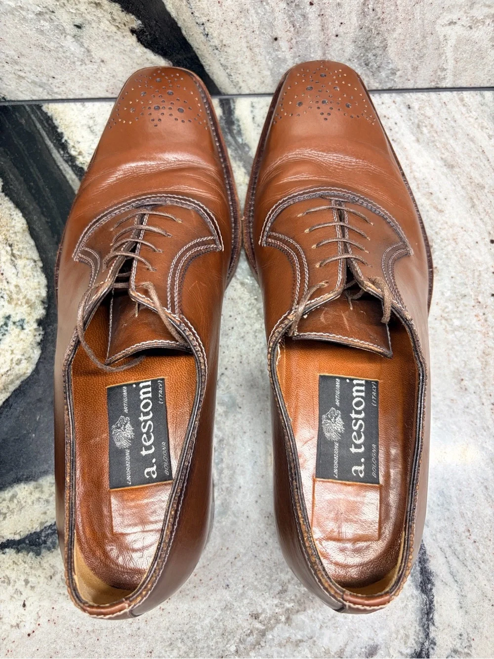 A.Testoni Black Label 8.5 M Brown Leather Medallion Oxford Shoes Italy